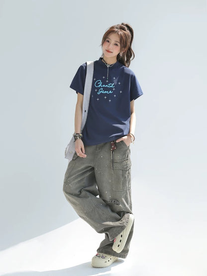 "CHANT2nd" letter embroidered T-shirt women's summer straight shoulder short sleeve loose lazy style chic Korean top