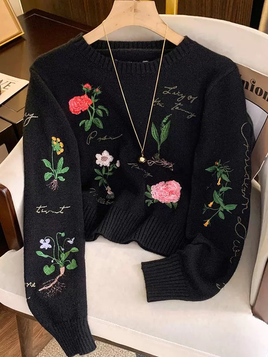 Women's heavy-duty floral embroidered knit sweater, 2025 autumn/winter new style, black loose-fitting versatile long-sleeved top.