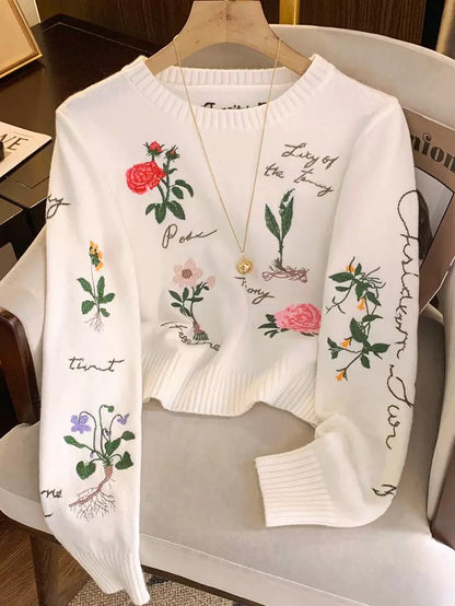 Women's heavy-duty floral embroidered knit sweater, 2025 autumn/winter new style, black loose-fitting versatile long-sleeved top.