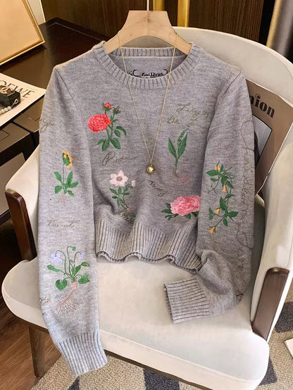 Women's heavy-duty floral embroidered knit sweater, 2025 autumn/winter new style, black loose-fitting versatile long-sleeved top.