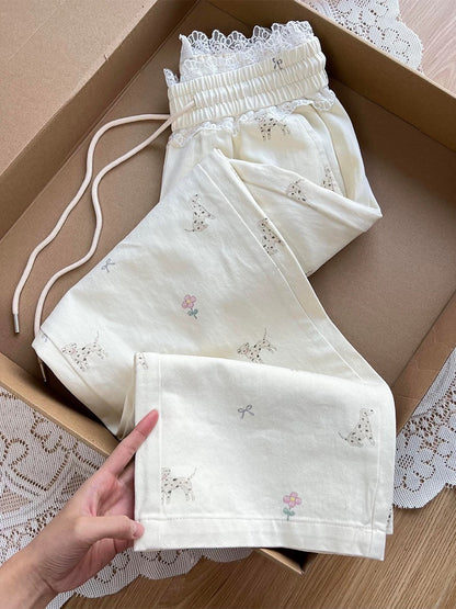 Women's all-over puppy print lace patchwork casual sweatpants, 2025 new style, loose straight leg pants with a flowing drape.