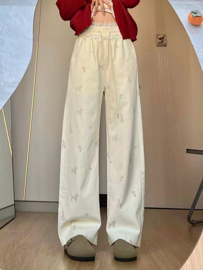 Women's all-over puppy print lace patchwork casual sweatpants, 2025 new style, loose straight leg pants with a flowing drape.