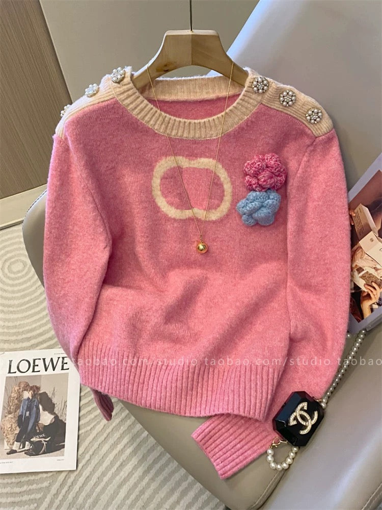 Soft, loose-fitting, sweet, three-dimensional floral crochet color-blocked pullover sweater for women, early spring 2025 new knitted top
