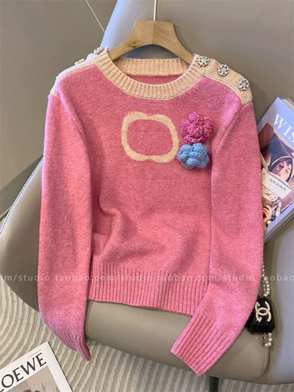 Soft, loose-fitting, sweet, three-dimensional floral crochet color-blocked pullover sweater for women, early spring 2025 new knitted top
