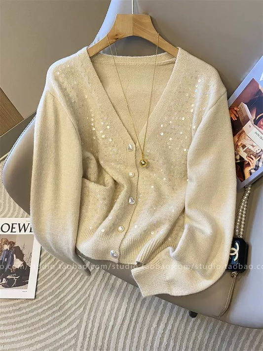 Off-white sequined V-neck knit cardigan for women, new autumn/winter 2025 style, chic and versatile long-sleeved top.