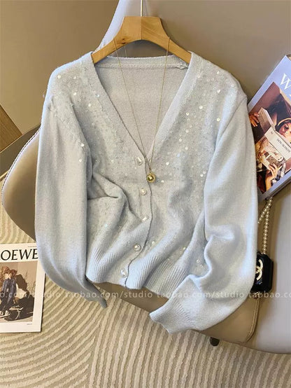Off-white sequined V-neck knit cardigan for women, new autumn/winter 2025 style, chic and versatile long-sleeved top.
