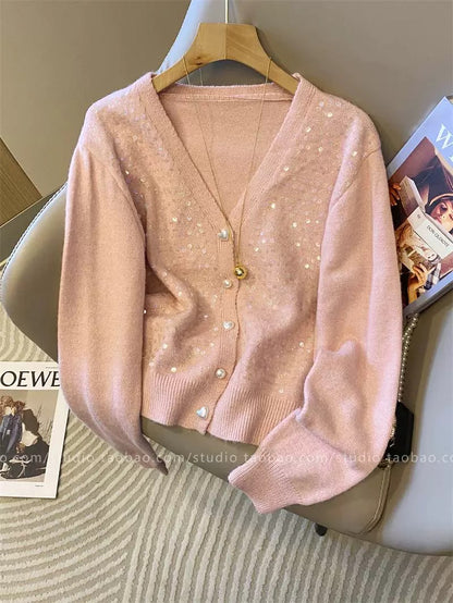 Off-white sequined V-neck knit cardigan for women, new autumn/winter 2025 style, chic and versatile long-sleeved top.