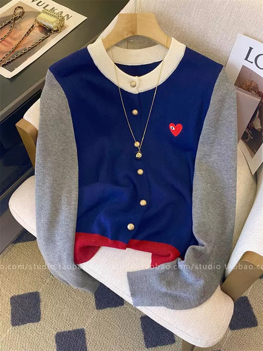 European-style soft and plush round neck color-blocked knitted cardigan for women, new autumn/winter 2025 style, dark blue, versatile long-sleeved top.