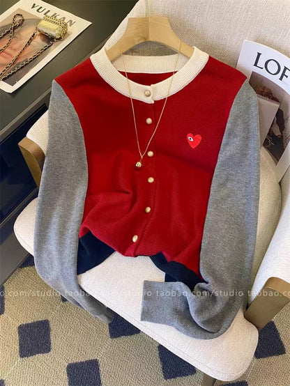 European-style soft and plush round neck color-blocked knitted cardigan for women, new autumn/winter 2025 style, dark blue, versatile long-sleeved top.