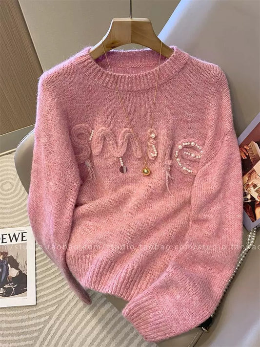 Korean style sweet beaded letter round neck thick sweater for women, autumn and winter 2025 new style, youthful long-sleeved top.