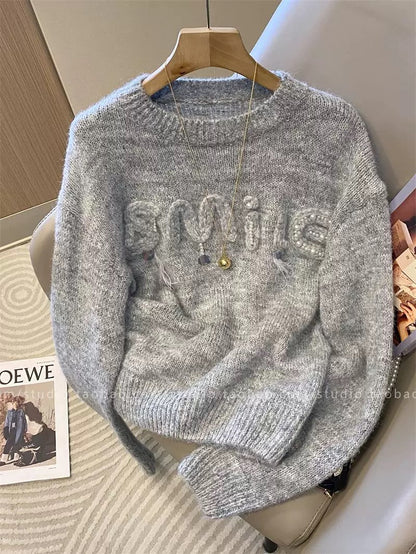 Korean style sweet beaded letter round neck thick sweater for women, autumn and winter 2025 new style, youthful long-sleeved top.