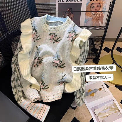 Japanese style vintage jacquard pullover sweater, short top, 2025 autumn/winter new round neck lace long sleeve knitwear.
