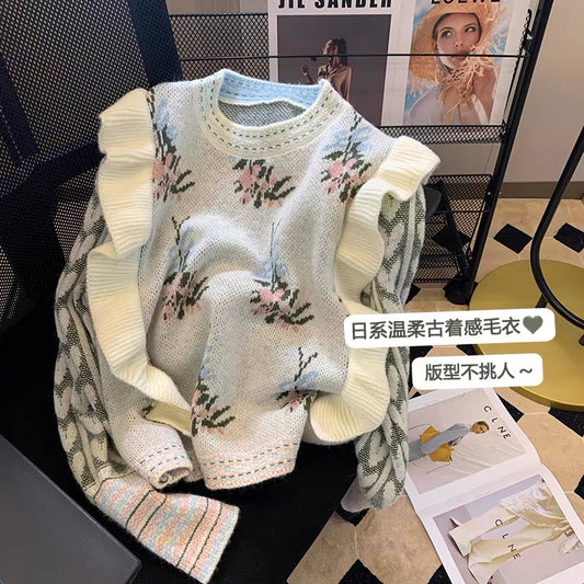 Japanese style vintage jacquard pullover sweater, short top, 2025 autumn/winter new round neck lace long sleeve knitwear.