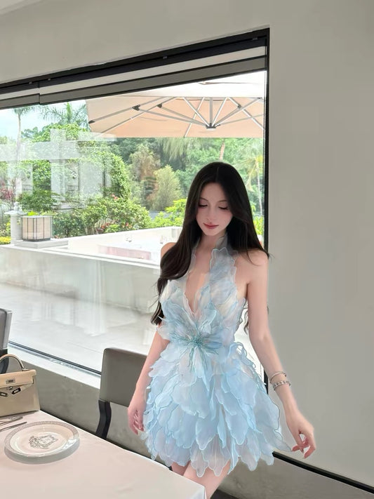 For Fay Ice Mist Smurf Feather Dress / Custom Petal Halter Dress Women's V-neck Slim Waist Backless A-line Skirt