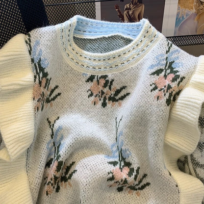 Japanese style vintage jacquard pullover sweater, short top, 2025 autumn/winter new round neck lace long sleeve knitwear.