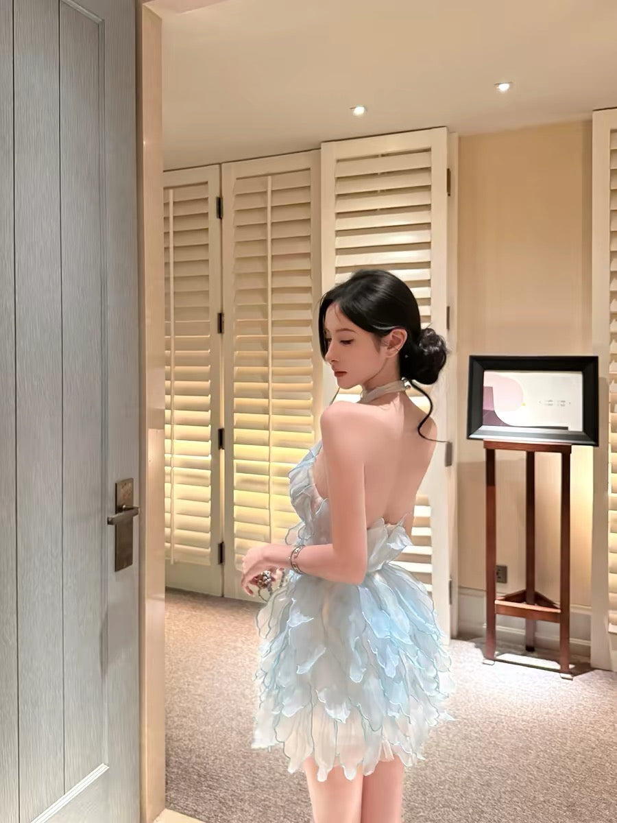 For Fay Ice Mist Smurf Feather Dress / Custom Petal Halter Dress Women's V-neck Slim Waist Backless A-line Skirt