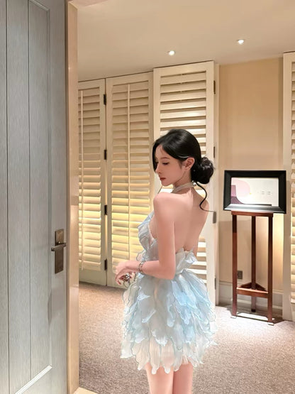 For Fay Ice Mist Smurf Feather Dress / Custom Petal Halter Dress Women's V-neck Slim Waist Backless A-line Skirt
