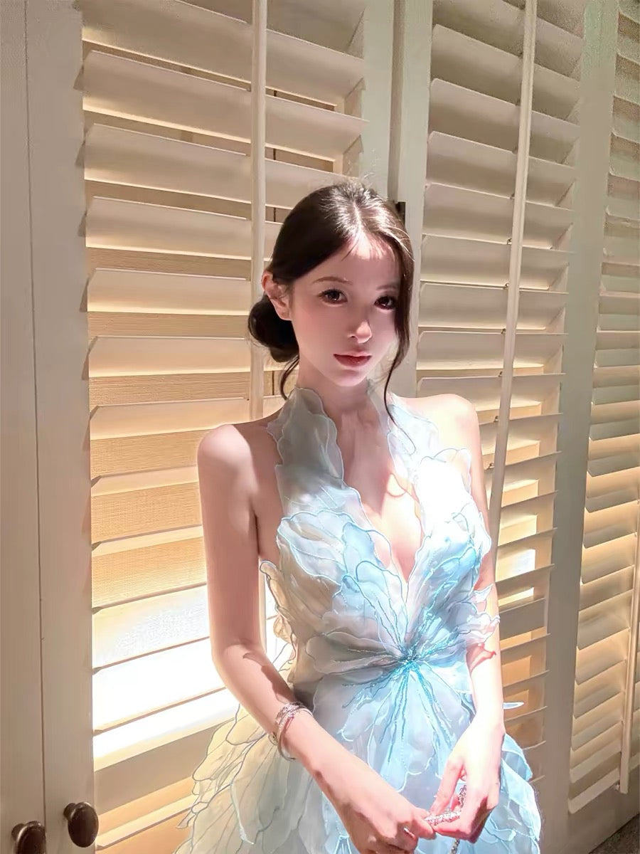 For Fay Ice Mist Smurf Feather Dress / Custom Petal Halter Dress Women's V-neck Slim Waist Backless A-line Skirt