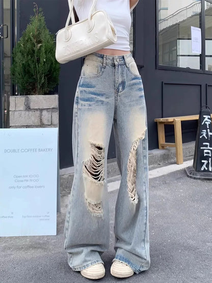 Retro American style ripped jeans loose wide-leg pants trousers women summer high waist washed straight pants mopping pants