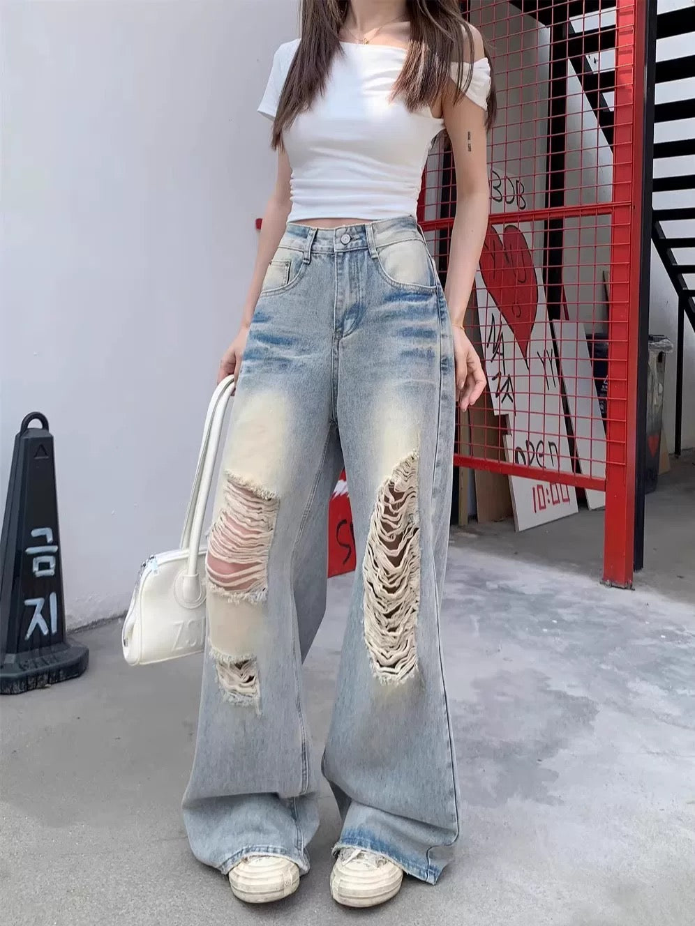 Retro American style ripped jeans loose wide-leg pants trousers women summer high waist washed straight pants mopping pants