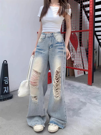 Retro American style ripped jeans loose wide-leg pants trousers women summer high waist washed straight pants mopping pants
