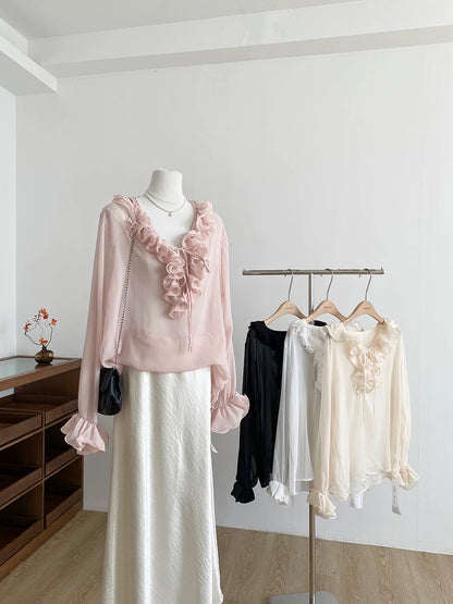 2025 Autumn New Korean Style Pure and Alluring Ruffled Trim Long-Sleeved Shirt for Women, Slim Fit, Versatile Shirt Top
