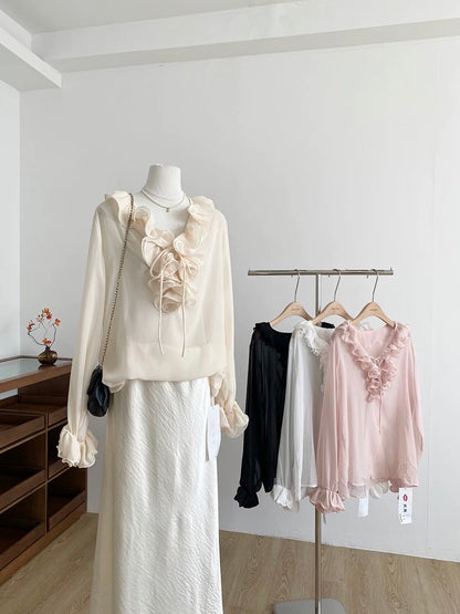 2025 Autumn New Korean Style Pure and Alluring Ruffled Trim Long-Sleeved Shirt for Women, Slim Fit, Versatile Shirt Top