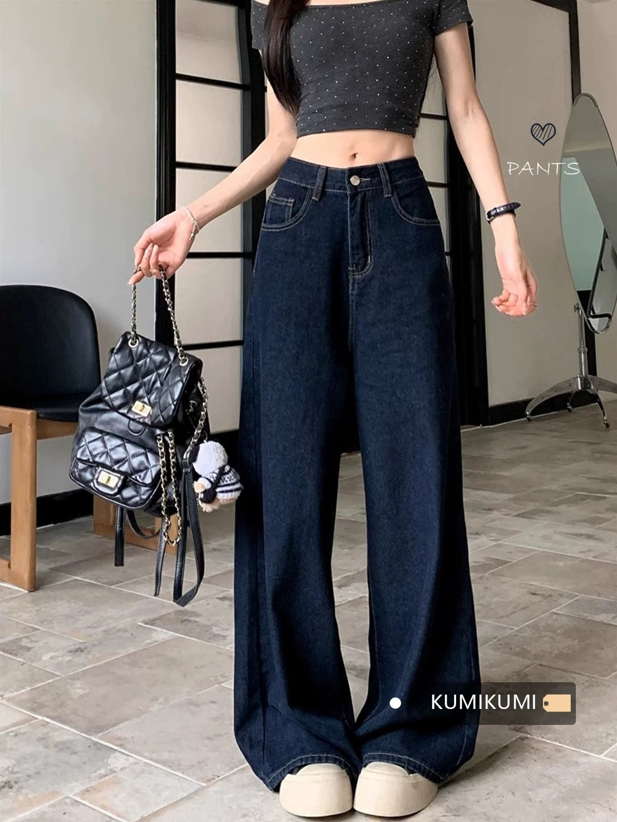 Blue retro washed trousers jeans loose wide-leg trousers women's spring high waist slim straight trousers mopping trousers