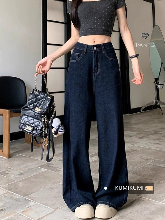 Blue retro washed trousers jeans loose wide-leg trousers women's spring high waist slim straight trousers mopping trousers
