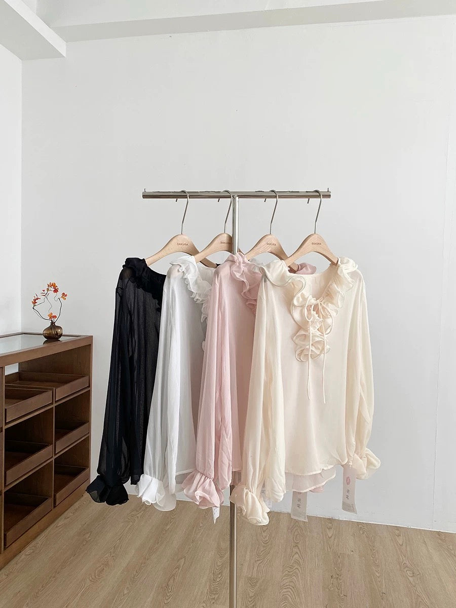 2025 Autumn New Korean Style Pure and Alluring Ruffled Trim Long-Sleeved Shirt for Women, Slim Fit, Versatile Shirt Top