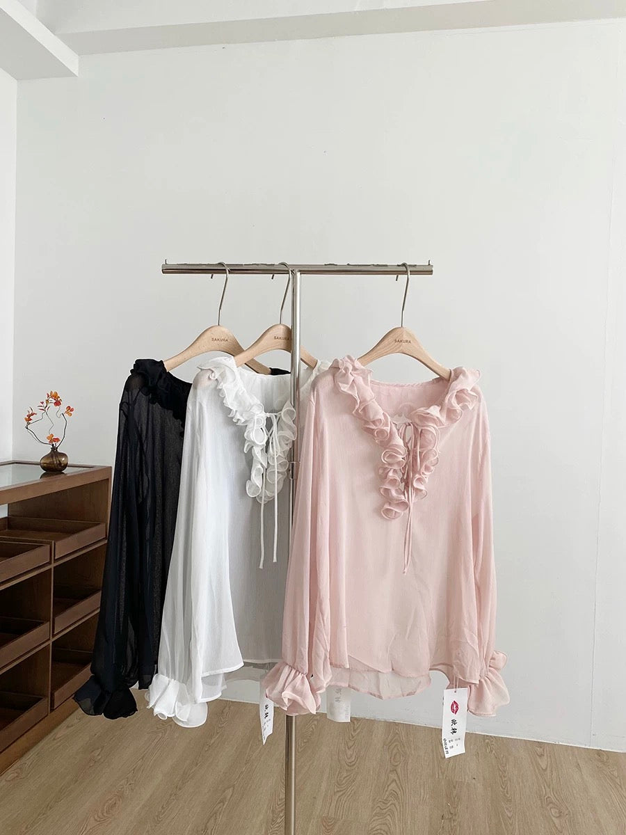 2025 Autumn New Korean Style Pure and Alluring Ruffled Trim Long-Sleeved Shirt for Women, Slim Fit, Versatile Shirt Top