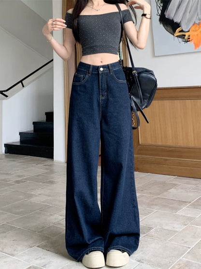 Blue retro washed trousers jeans loose wide-leg trousers women's spring high waist slim straight trousers mopping trousers