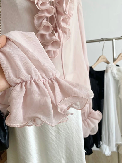 2025 Autumn New Korean Style Pure and Alluring Ruffled Trim Long-Sleeved Shirt for Women, Slim Fit, Versatile Shirt Top
