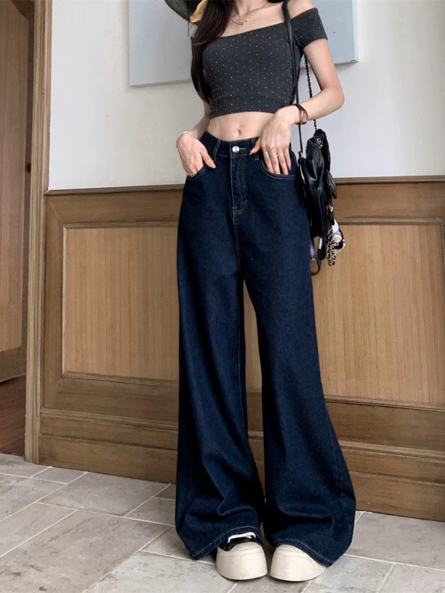 Blue retro washed trousers jeans loose wide-leg trousers women's spring high waist slim straight trousers mopping trousers