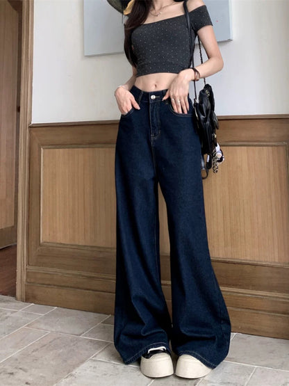 Blue retro washed trousers jeans loose wide-leg trousers women's spring high waist slim straight trousers mopping trousers