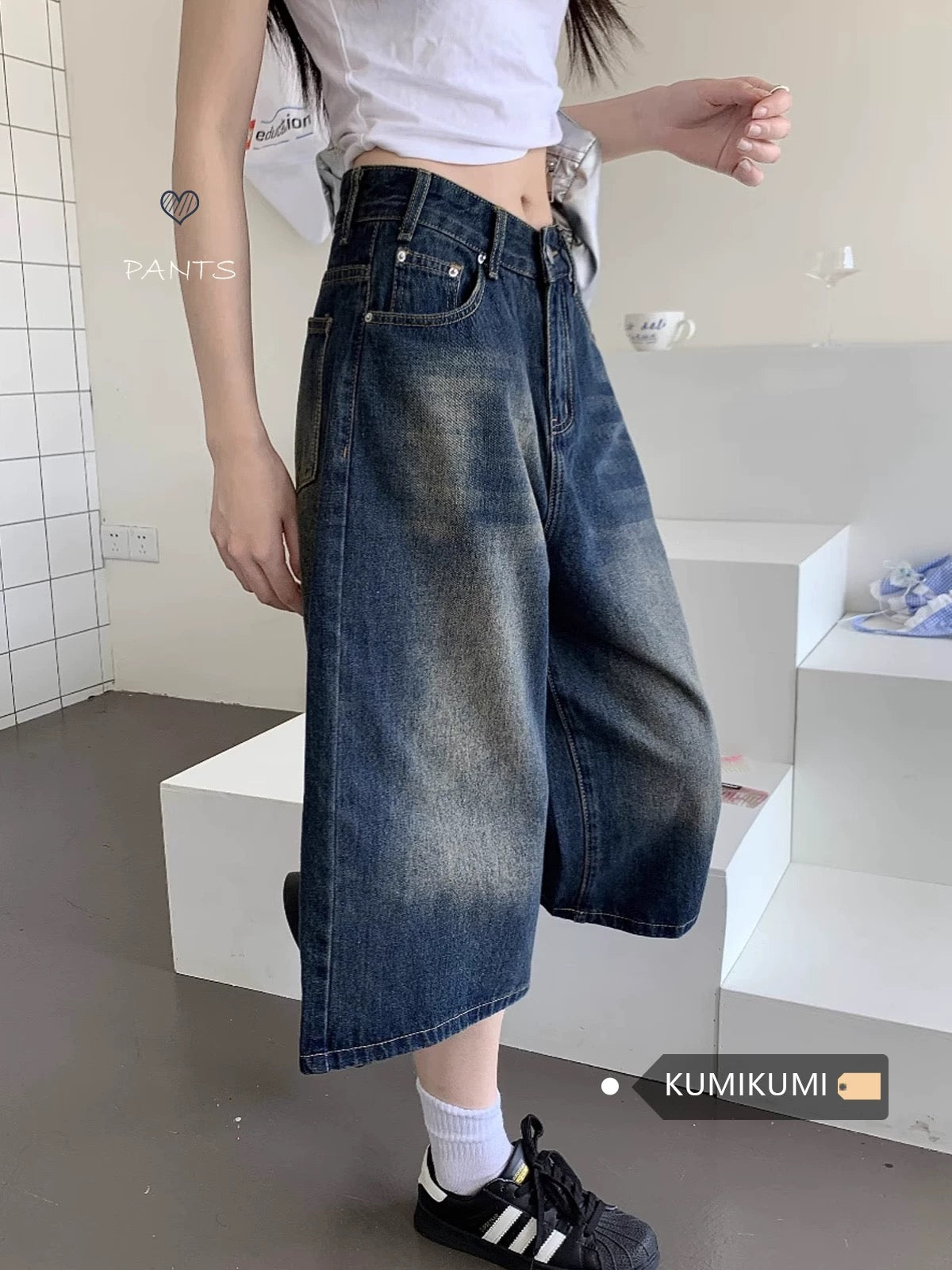 American retro washed loose shorts cropped jeans women's summer high waist wide leg pants casual pants mid-length pants trendy