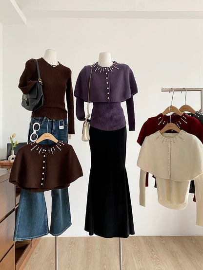 2025 Autumn/Winter New Korean Style Sweet Slim Fit Knitted Long-Sleeved Padded Cape Two-Piece Set for Women with Hot-Stamped Rhinestone Buttons