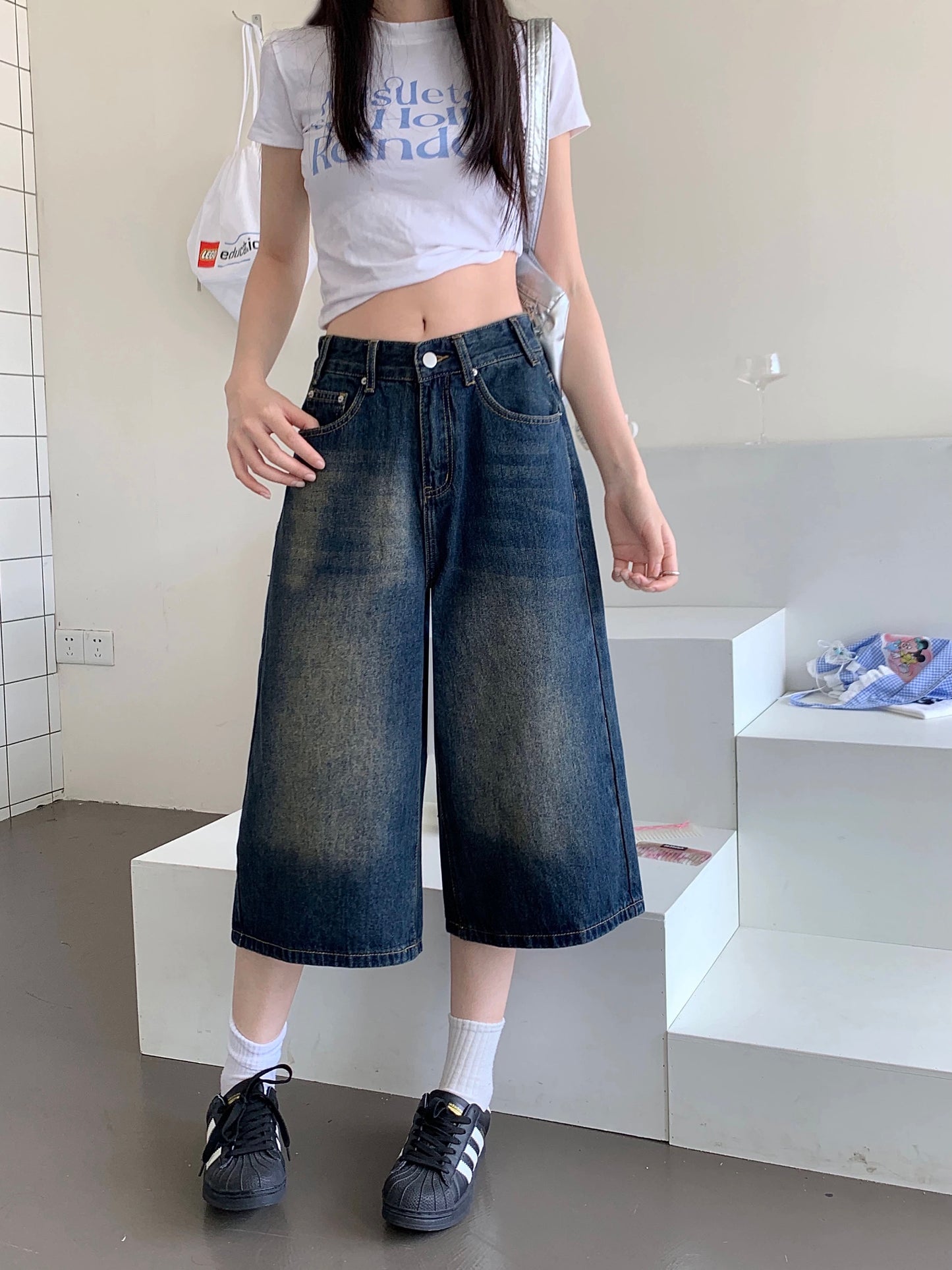 American retro washed loose shorts cropped jeans women's summer high waist wide leg pants casual pants mid-length pants trendy