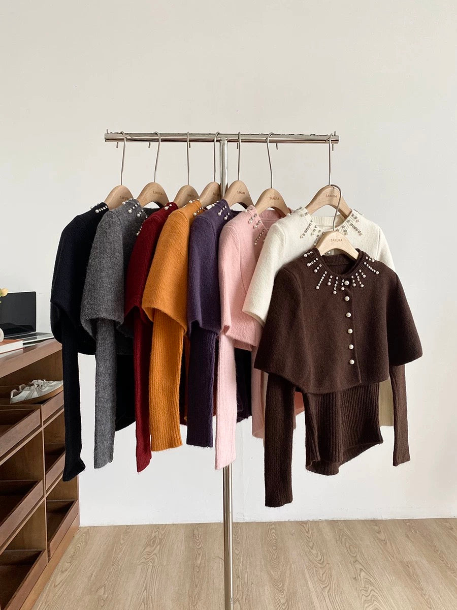 2025 Autumn/Winter New Korean Style Sweet Slim Fit Knitted Long-Sleeved Padded Cape Two-Piece Set for Women with Hot-Stamped Rhinestone Buttons