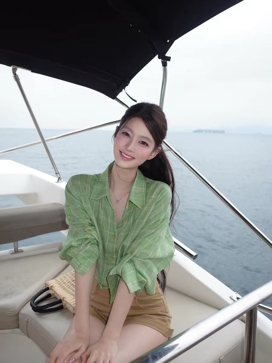 Xie Burou, Green Plaid Polo Collar Shirt, Women's Summer Korean Style Casual Drawstring Elastic Short Shirt
