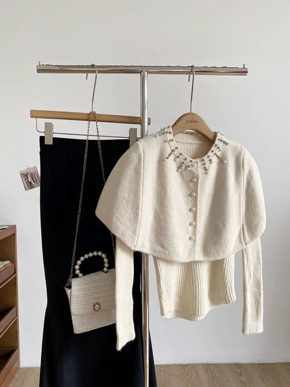 2025 Autumn/Winter New Korean Style Sweet Slim Fit Knitted Long-Sleeved Padded Cape Two-Piece Set for Women with Hot-Stamped Rhinestone Buttons