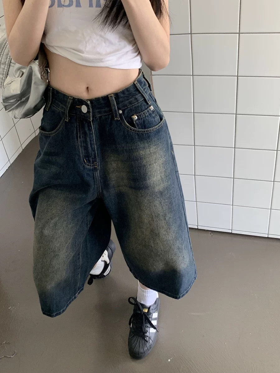 American retro washed loose shorts cropped jeans women's summer high waist wide leg pants casual pants mid-length pants trendy