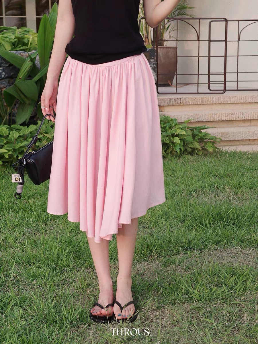 Xie Bu Rou, Lyocell Pink Flowy A-line Linen Full Swing Skirt, Women's Summer Korean Style Loose Mid-Length Skirt