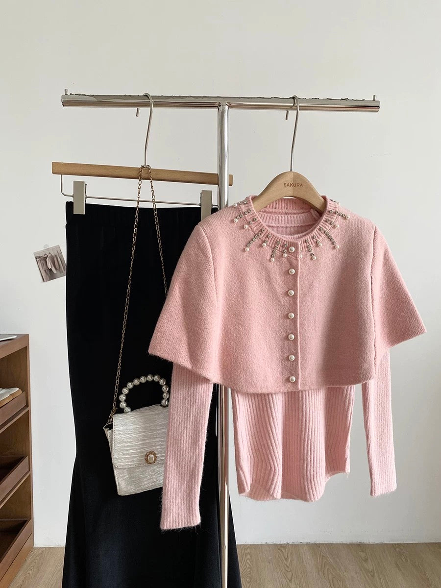 2025 Autumn/Winter New Korean Style Sweet Slim Fit Knitted Long-Sleeved Padded Cape Two-Piece Set for Women with Hot-Stamped Rhinestone Buttons