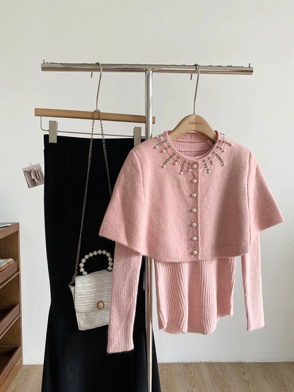 2025 Autumn/Winter New Korean Style Sweet Slim Fit Knitted Long-Sleeved Padded Cape Two-Piece Set for Women with Hot-Stamped Rhinestone Buttons
