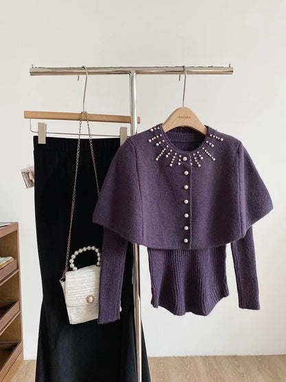2025 Autumn/Winter New Korean Style Sweet Slim Fit Knitted Long-Sleeved Padded Cape Two-Piece Set for Women with Hot-Stamped Rhinestone Buttons