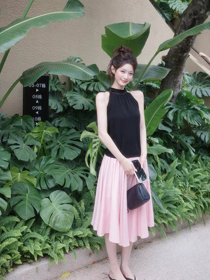 Xie Bu Rou, Lyocell Pink Flowy A-line Linen Full Swing Skirt, Women's Summer Korean Style Loose Mid-Length Skirt