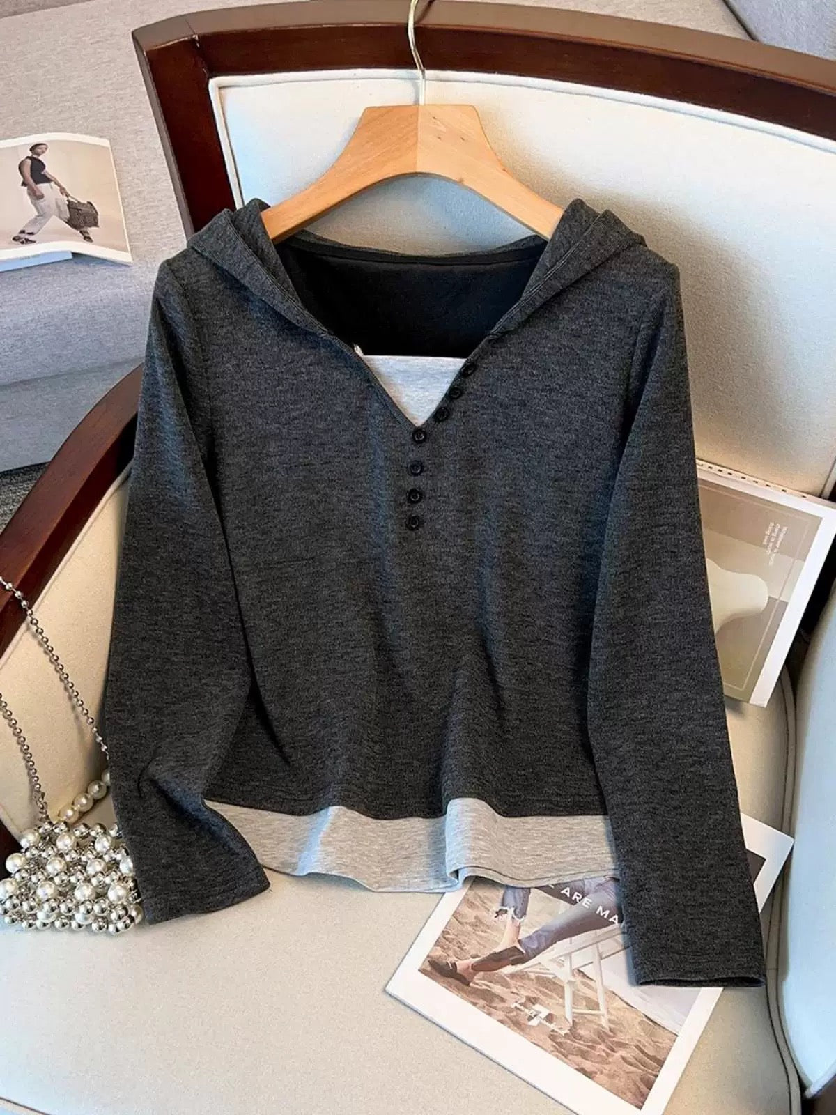 Lazy hooded fake two-piece tops wide-leg pants two-piece suits spring and autumn large size fat mm casual temperament slim suits for women
