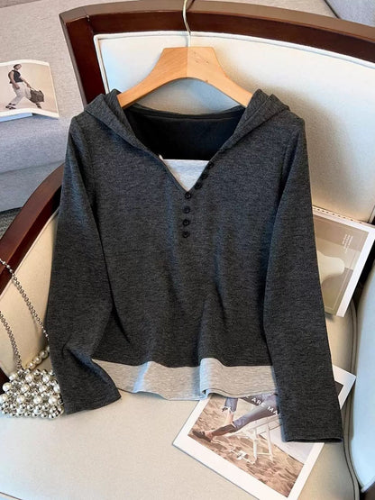 Lazy hooded fake two-piece tops wide-leg pants two-piece suits spring and autumn large size fat mm casual temperament slim suits for women