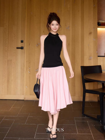Xie Bu Rou, Lyocell Pink Flowy A-line Linen Full Swing Skirt, Women's Summer Korean Style Loose Mid-Length Skirt